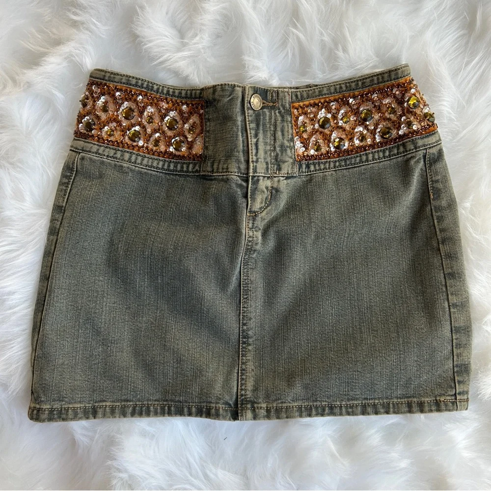 NWT Vintage Express Denim Jeweled Crusted Mini Skirt‎